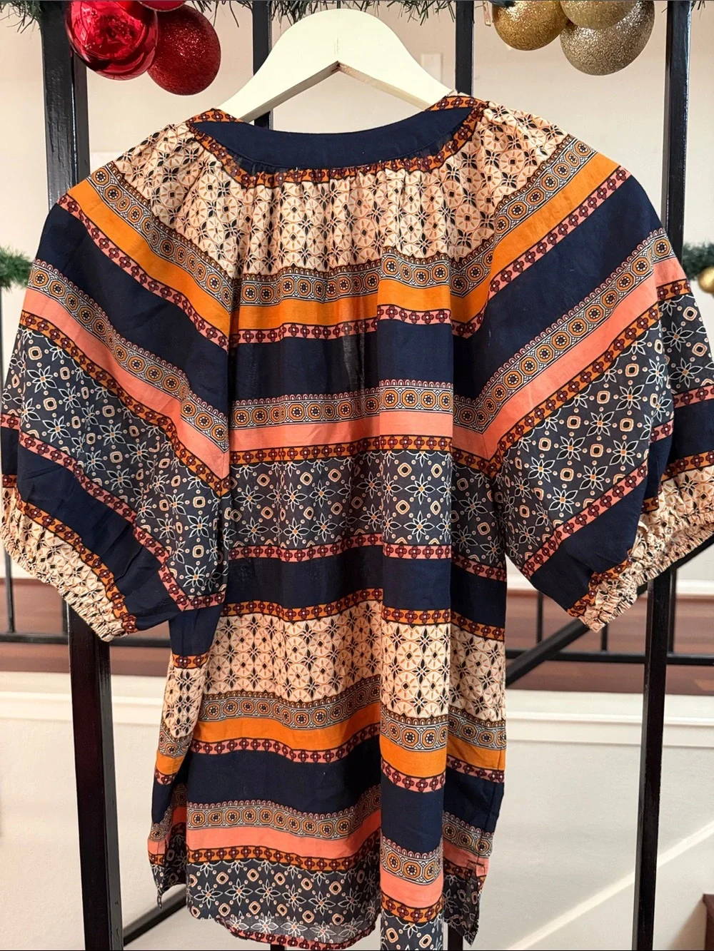 LOFT Navy and Rust Striped Printed Peasant Blouse